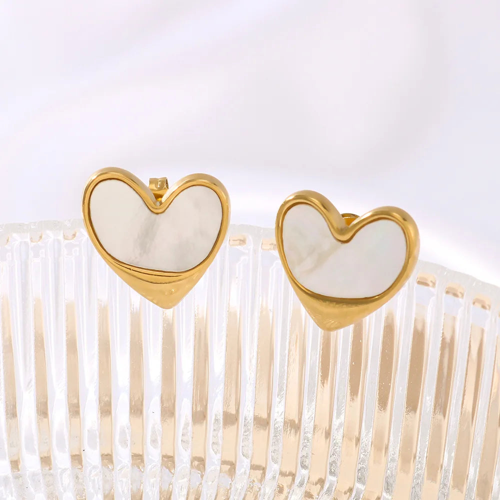 Daily 18k Gold Plated Stainless Steel White Shell Irregular Heart Shaped Stud Earrings for Women