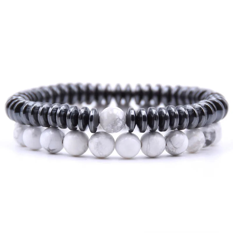 Gemstone 8MM Round Beaded Couple Bracelets Long Distance Relationship Matching Gift for Women Men Hematite Anxiety Bracelets Set