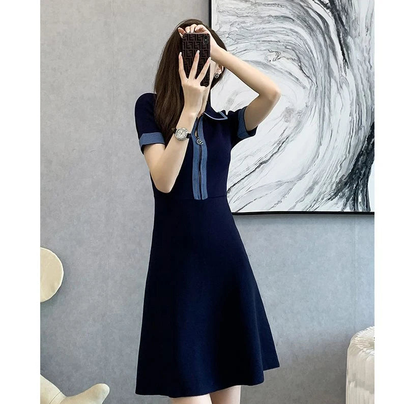 Summer Korean Style Slim Temperament V-neck Short-sleeved Knitted Dress for Women