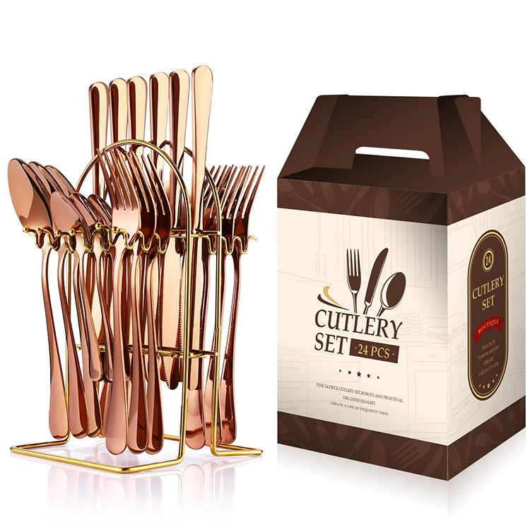 Dropshipping Western Style Polished 5 Colors 24 Pieces Stainless Steel Tableware Set Portable Tableware