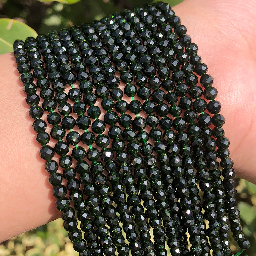 Faceted Dark Green Sand Stone Beads 2/3/4mm Natural Semi Gemstone Loose for Jewelry Making DIY Bracelet