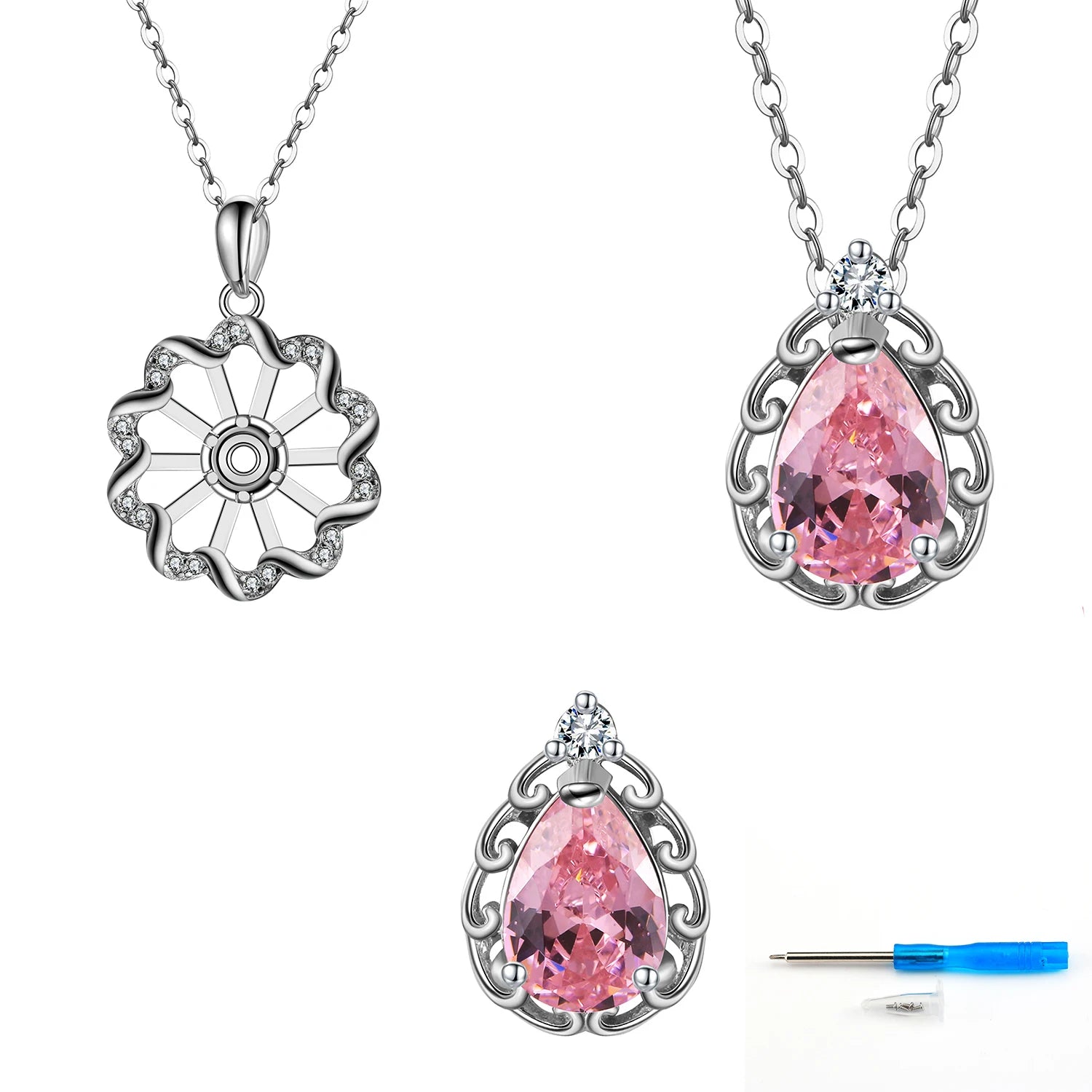 Wholesale 5A Pink CZ Stone Detachable 925 Sterling Silver DIY Rings Stud Screw Back  Fine Jewelry Set for Women