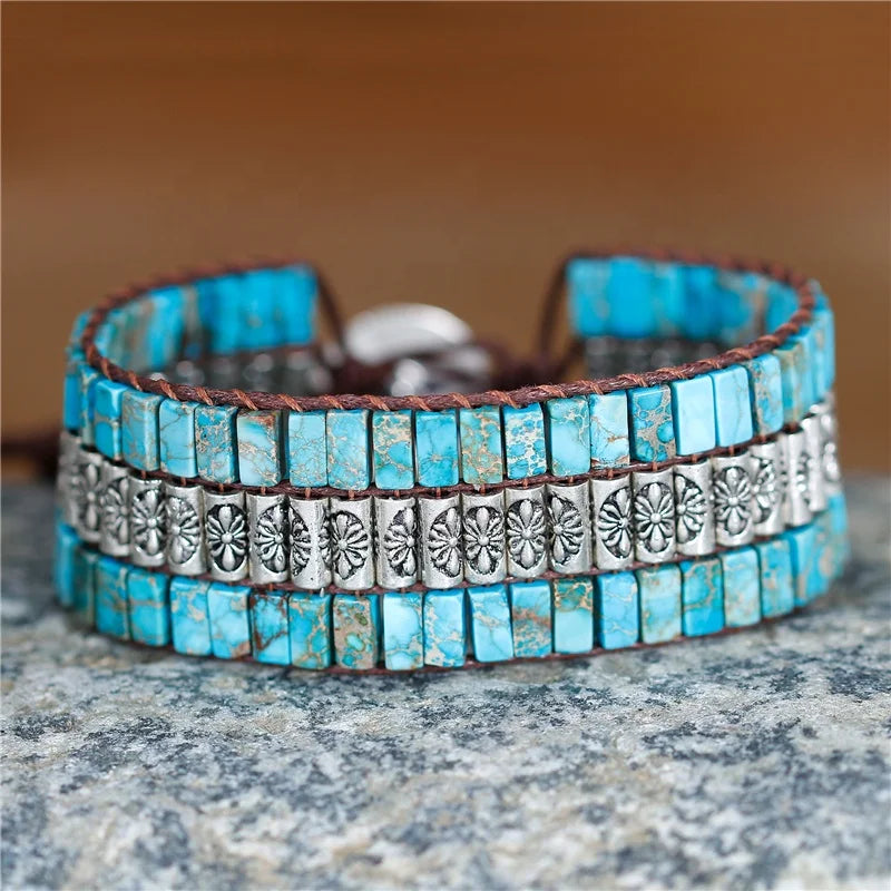 Handmade Turquoises Antique Silver Beads Weaving Statement Wrap Bracelet Wristband Gemstone Jewelry Gifts for Women Wholesale
