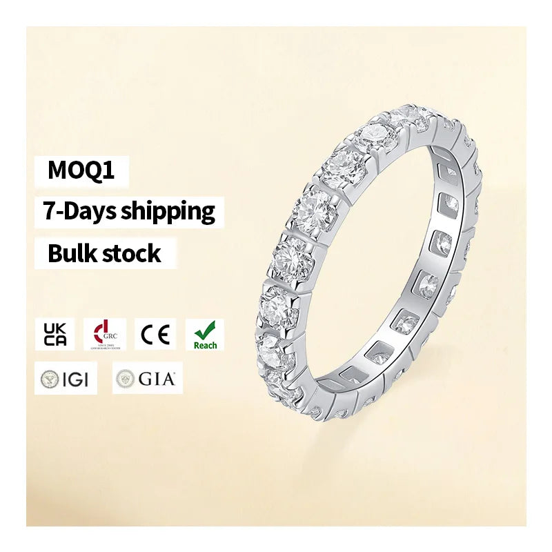 Free Design 925 Sterling Silver Platinum Plated 0.1 Ct Eternity Moissanite Diamond Band Rings Wedding Fine Jewelry for Women