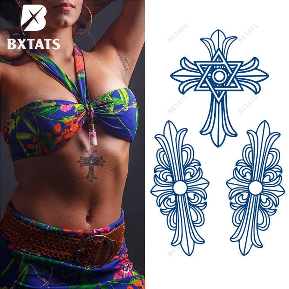 BXTAT GZ271to276 Temporary Body Tattoos White Semi-permanent Blue Genipa Juice Triangle Cross Star Numbers Chinese Character