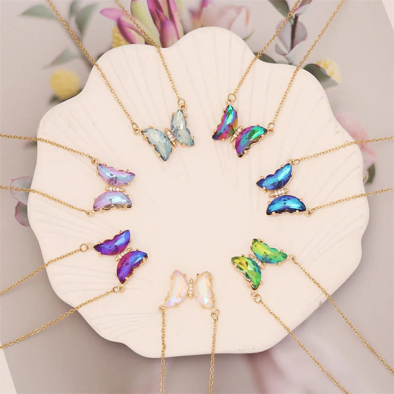 Wholesale Fashion Jewelry Dainty Gradient Colorful Crystal Diamond Butterfly Pendant Stainless Steel Necklace