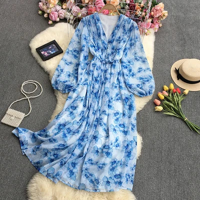 One Size Romantic Dress Retro Floral Temperament V-neck Single Breasted Waistband Large Swing Dress
