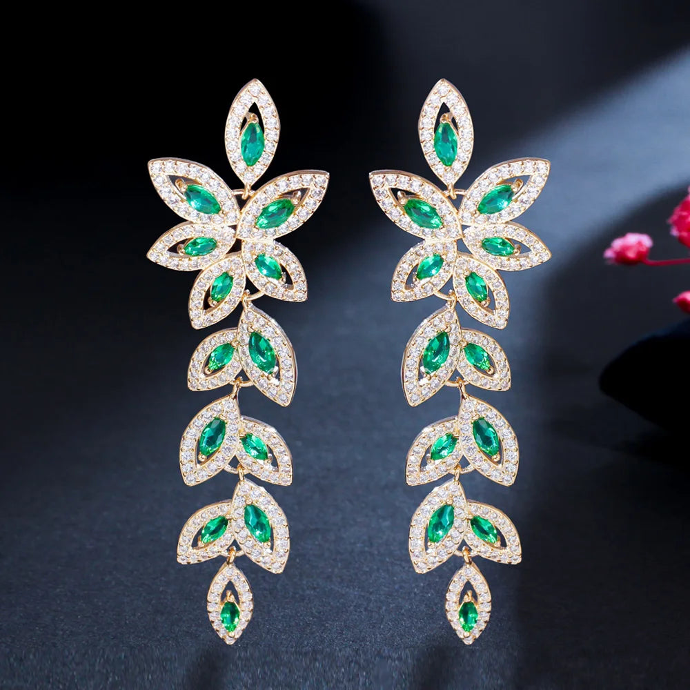 Dazzling Gold Plated Green Cubic Zirconia Leaf Shape Dangle Drop Women Long Earrings for Wedding Party Wear