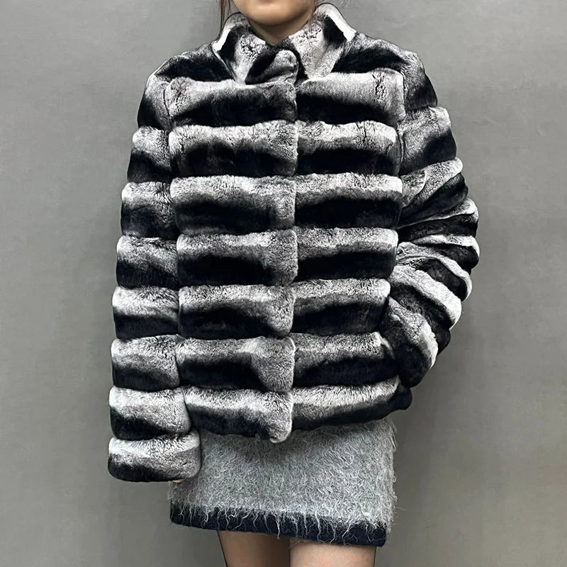 Ready to Ship Winter Thick Warm Chinchilla Fur Coat Luxury Real Rex Rabbit Fur Coat for Women