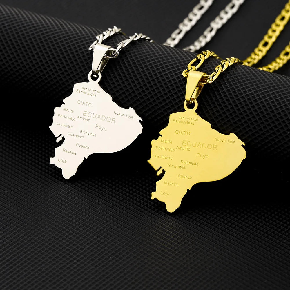 Manufacturer 18K Gold Plated Enameled Ecuador Map Chain Necklaces Stainless Steel Enamel Ecuadorian Flag Map Pendant Necklace