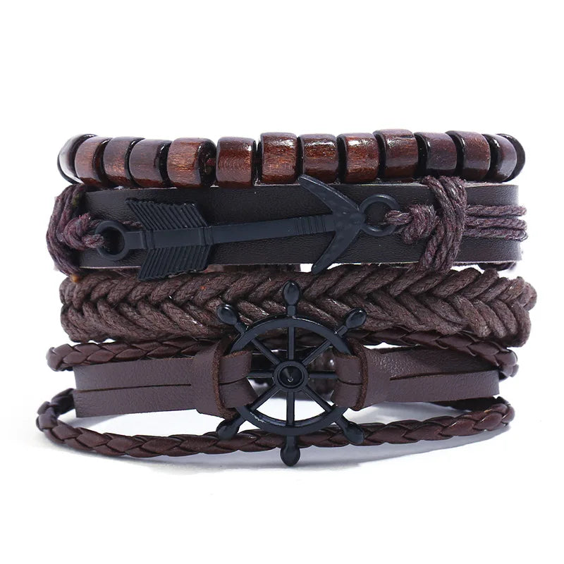 Wholesale Vintage Jewelry Beaded Bracelet Personality Arrow Leather Bracelets Rudder Bangle