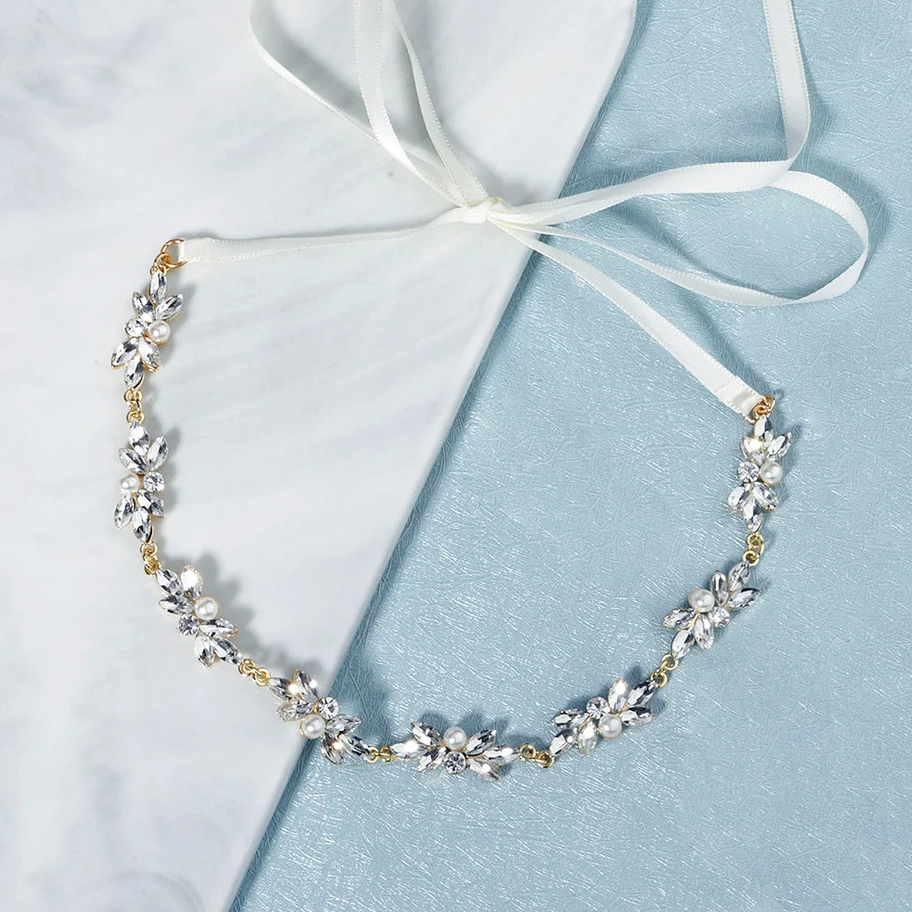 Miallo Korean Bridal Tiara Luxury Rhinestones Pearl Ribbon Hair Vine Chain Wedding Headband Headpieces for Girls