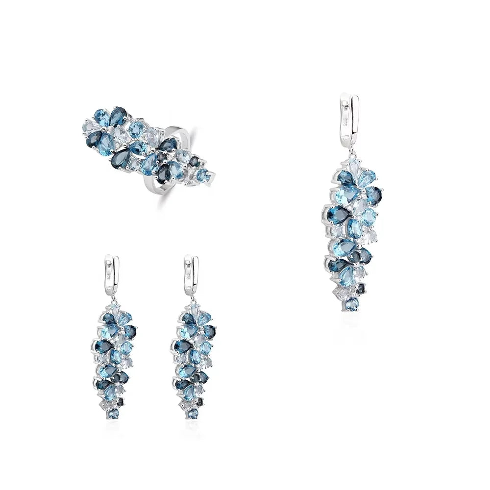 Abiding Fine Jewelry High End Luxury Cluster Sky Blue Topaz 925 Sterling Silver 3 PCS Flower Jewelry Set for Women