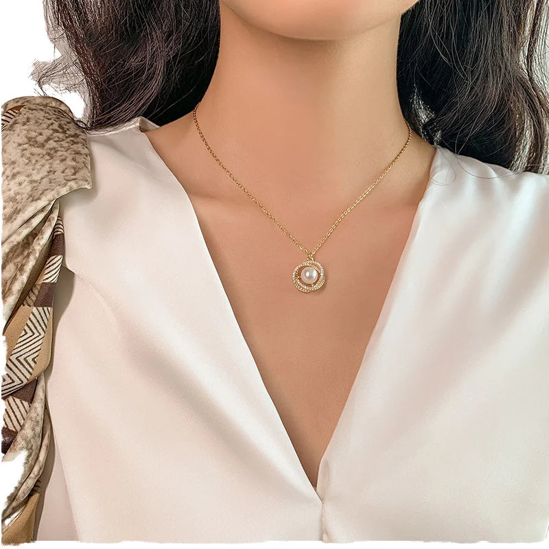 Gold Plated Natural Pearl Pendant Necklace for Women round Twining Diamond Thin Chain Trendy Style Wedding Christian Occasions