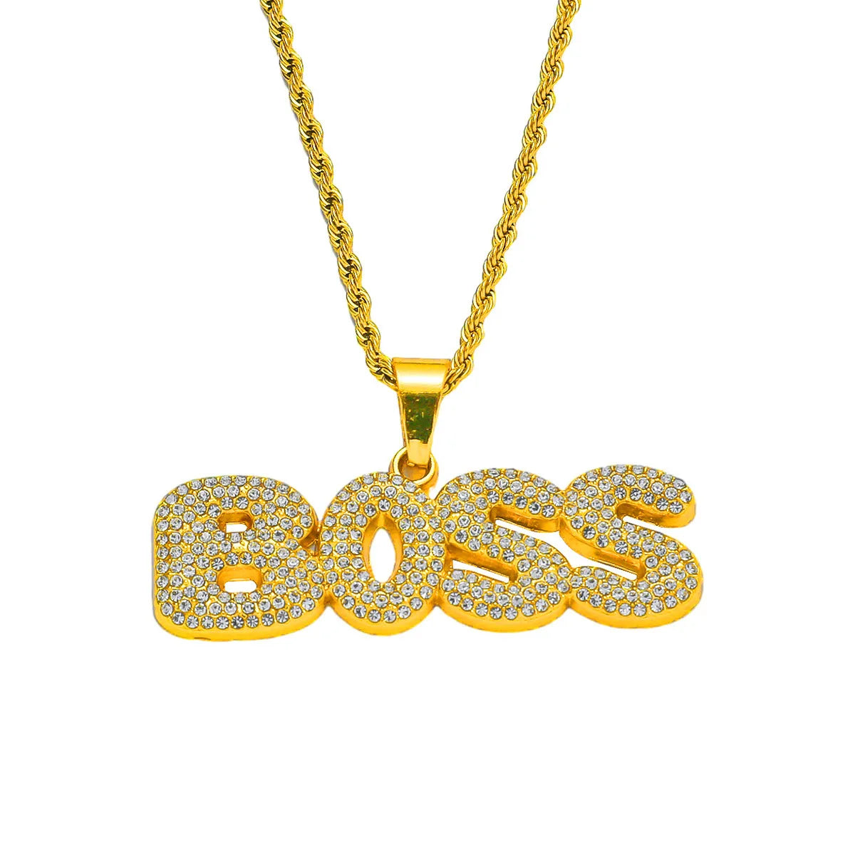Hiphop Men Full Crystal Letter Boss Pendant Necklace with Stainless Steel Twisted Chain Rock Street Show Jewelry
