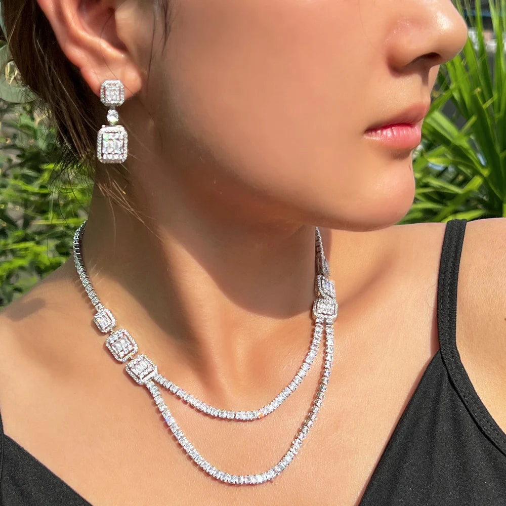 Wholesale Shiny White Cubic Zirconia Double Layered Wedding Evening Chain Necklace Bridal Party Wear Jewelry Sets for Women