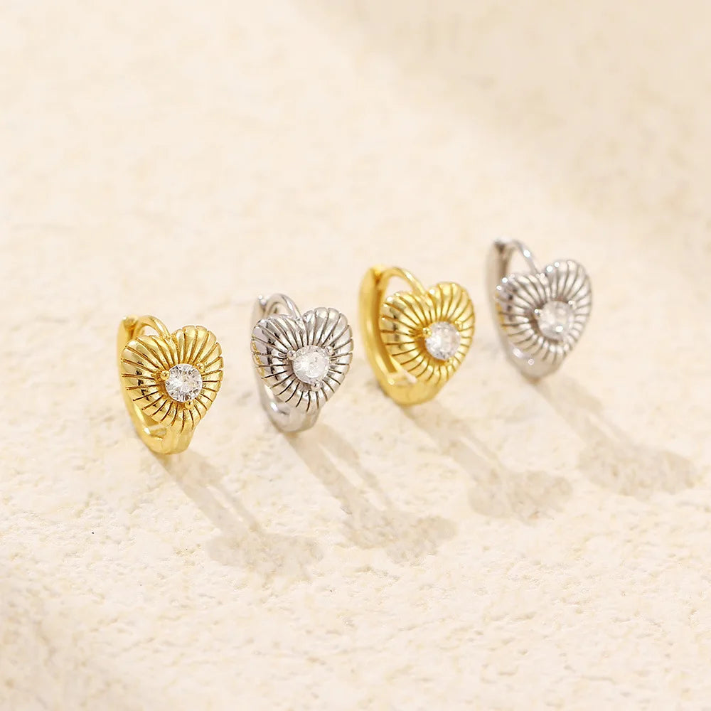 Ins Fashion 925 Silver Vertical Grain Peach Heart Earring Jewelry Heart Diamond Zircon 18k Gold Plated Hoop Earrings for Women
