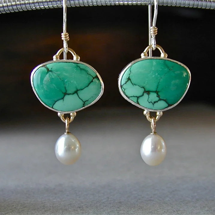 CAOSHI Ethnic Geometric Stone Dangle Earrings With Beautiful Pearl Lady Female Retro Turquoise Silver Gold Pearl Earring Women