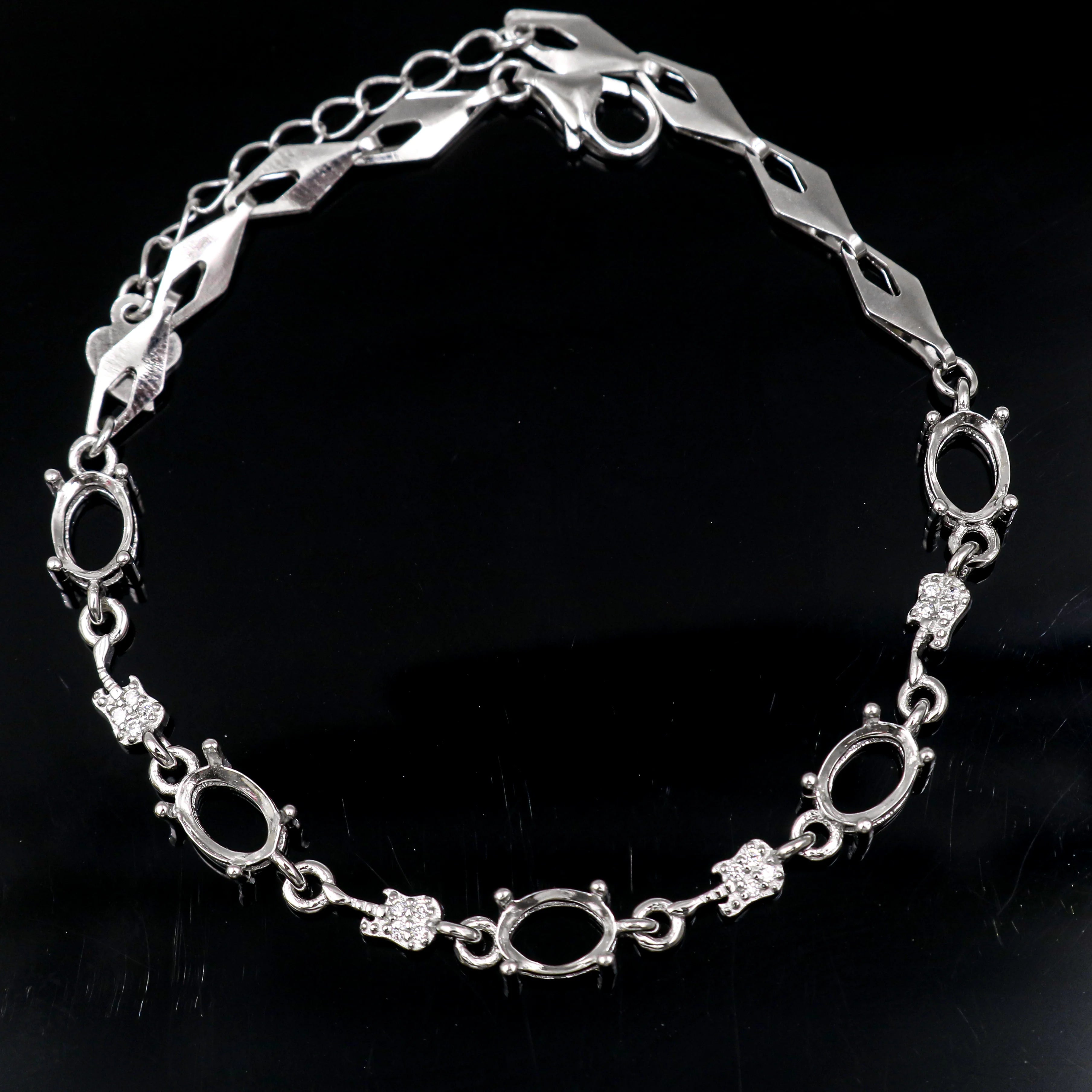 Sterling Silver 5*7mm Semi Mount Bracelet Blank Empty Support Mountain Setting S925 Base Holder Without Stone for DIY Inlay