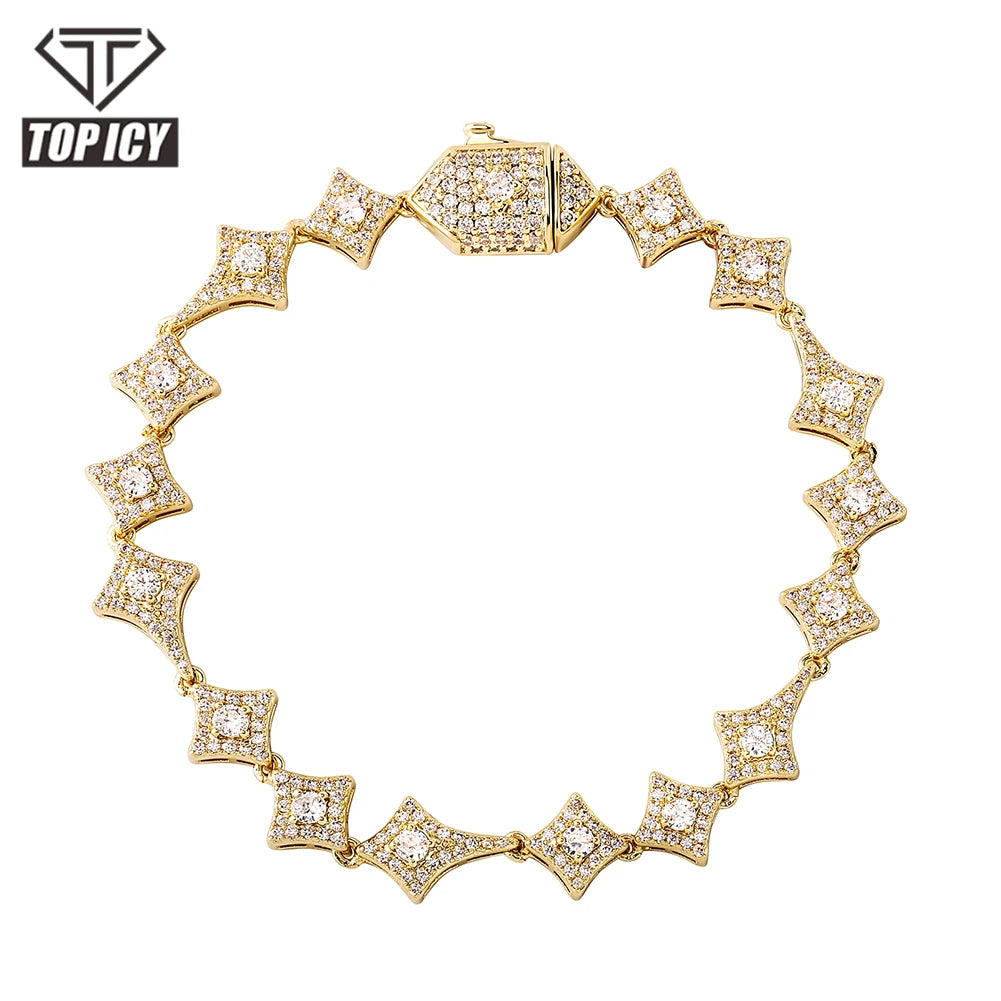 2022 New Arrival  Hip Hop 10mm Tennis Necklace Rhombus Full Diamond Chain Bracelet 18k Gold Plated Diamond Necklace Bracelet