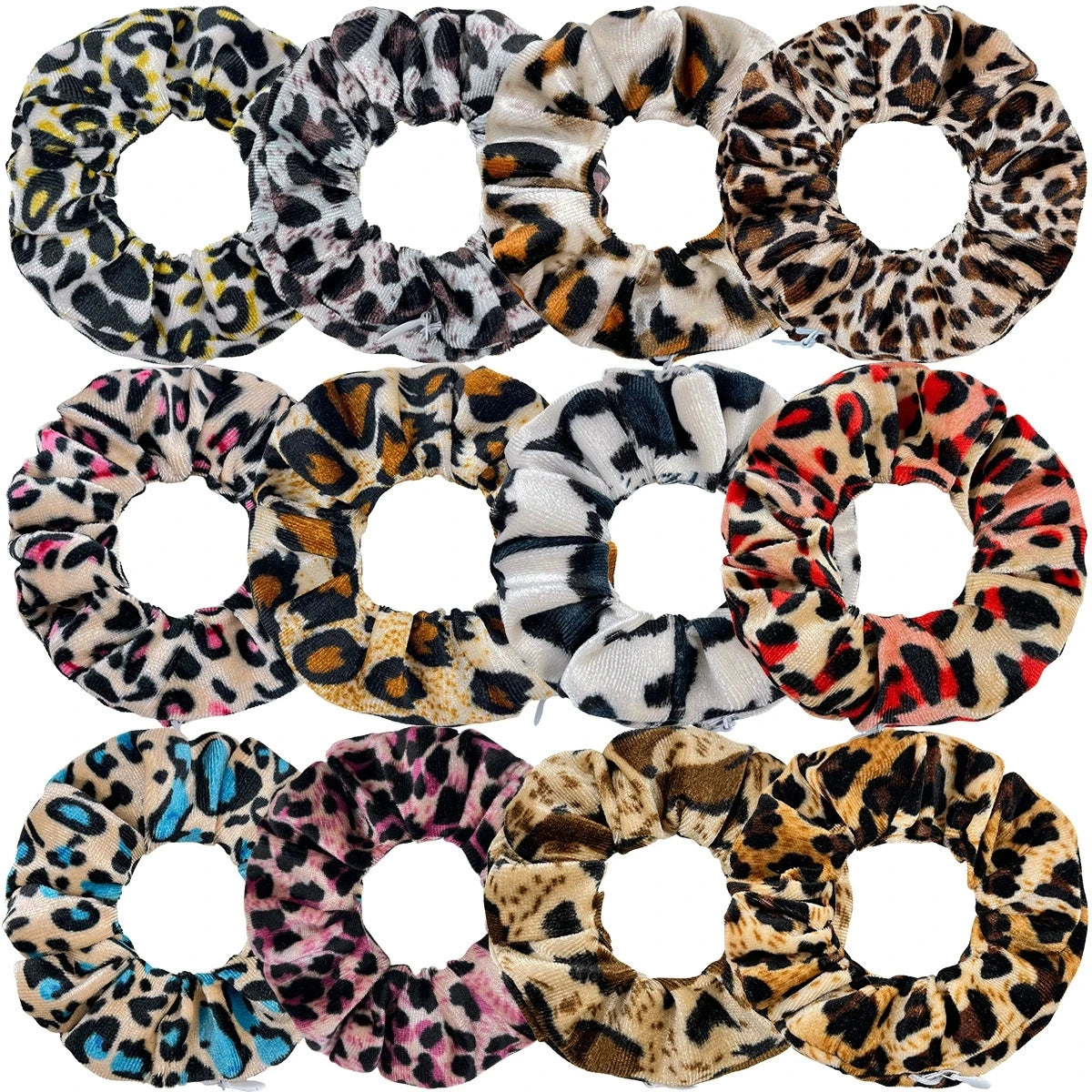 12pcs Leopard ZIP Velvet Fashion Customizable Hair Scrunchies with Pocket Soft Elastic Durable Zipper Ties for Women Girls
