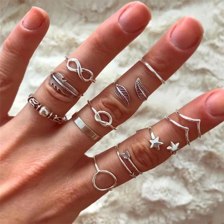 Free Sample  12 Pcs Retro Simple Leaf Arrow Devil Tail Five-pointed Star Knotted  Ring Set Women