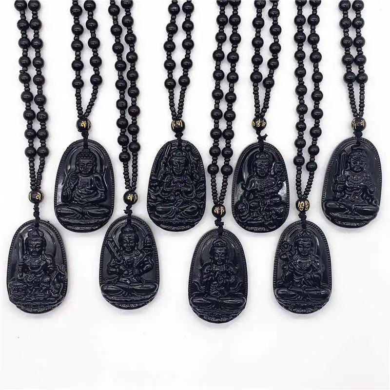 Sweater Crystal Natural Obsidian Pendant Choker Life Buddha Eight Patrons Glass Black Buddha Pendant Necklace