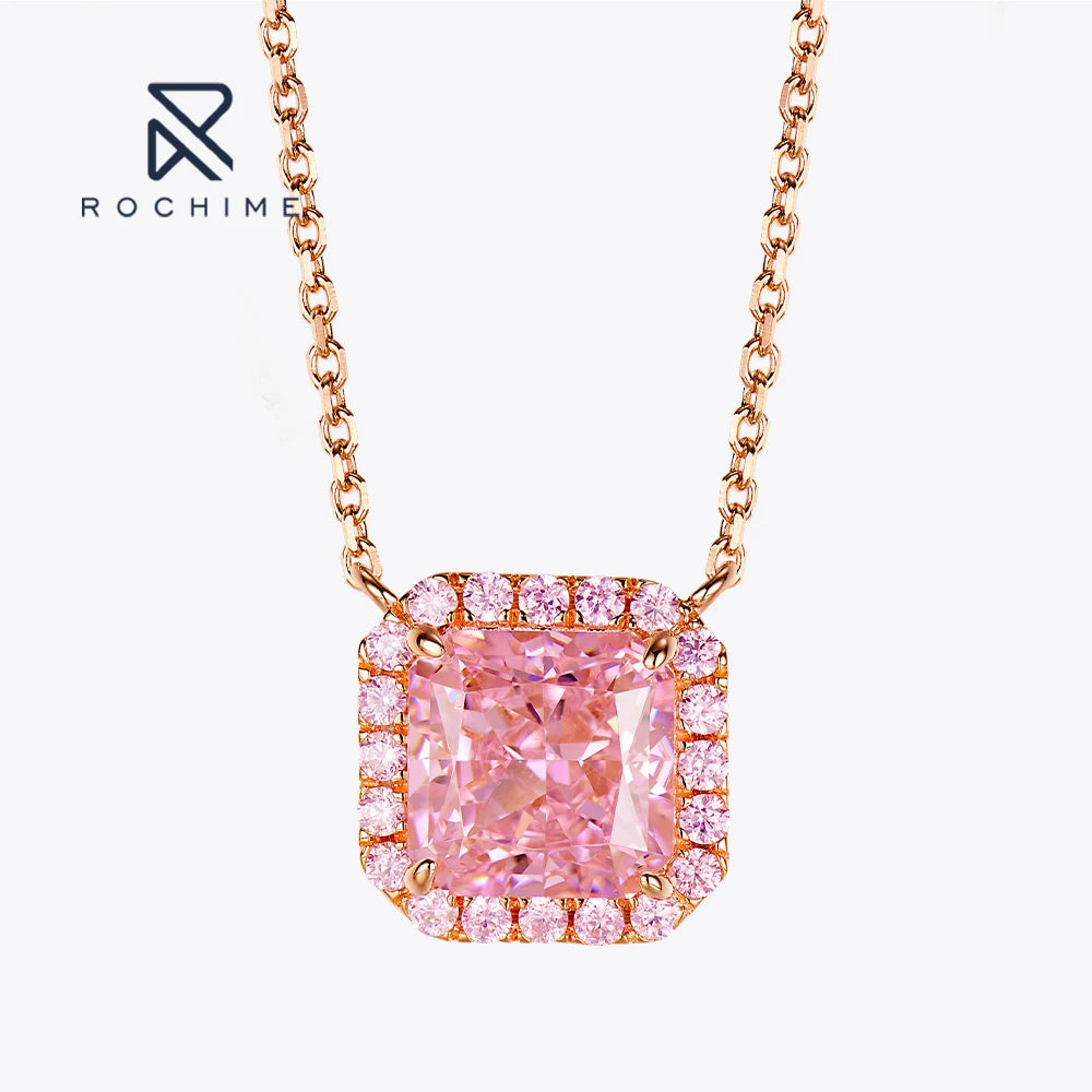 Rochime halo pink Gemstone Pendant Necklace S925 Silver Rose Gold Plated 5a Zircon Jewelry for Women
