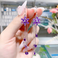 Fashion Crystal Flower Earring Trendy Girls Long Tassel Ear Line Temperament Purple Flower Zircon Earrings