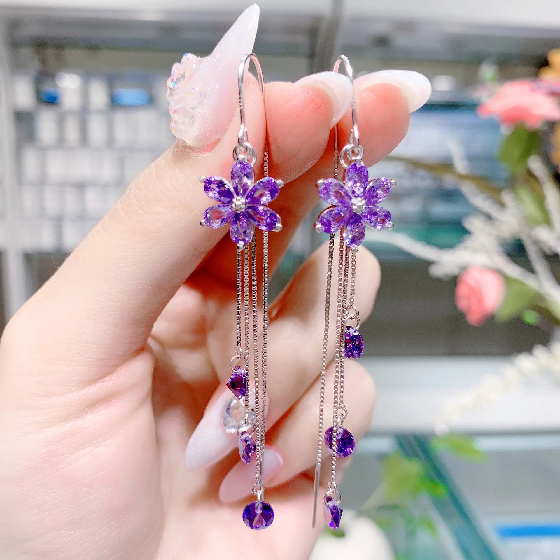 Fashion Crystal Flower Earring Trendy Girls Long Tassel Ear Line Temperament Purple Flower Zircon Earrings