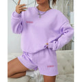 F230271 Clothing Manufacturers Custom Logo Print Emboss Design Round Neck Sweatshirt Shorts Set Two Piece Set Women Clothing