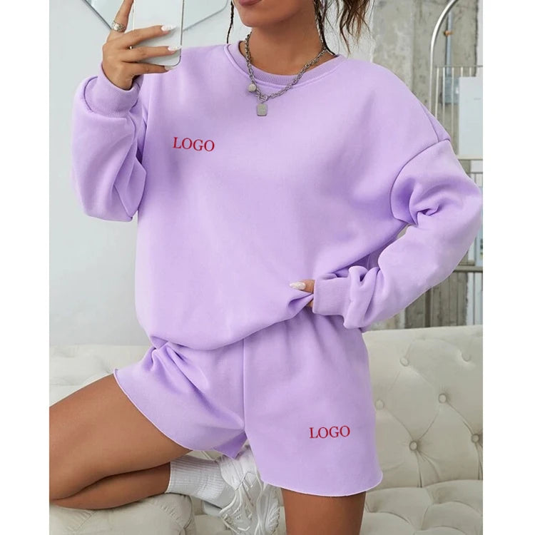 F230271 Clothing Manufacturers Custom Logo Print Emboss Design Round Neck Sweatshirt Shorts Set Two Piece Set Women Clothing