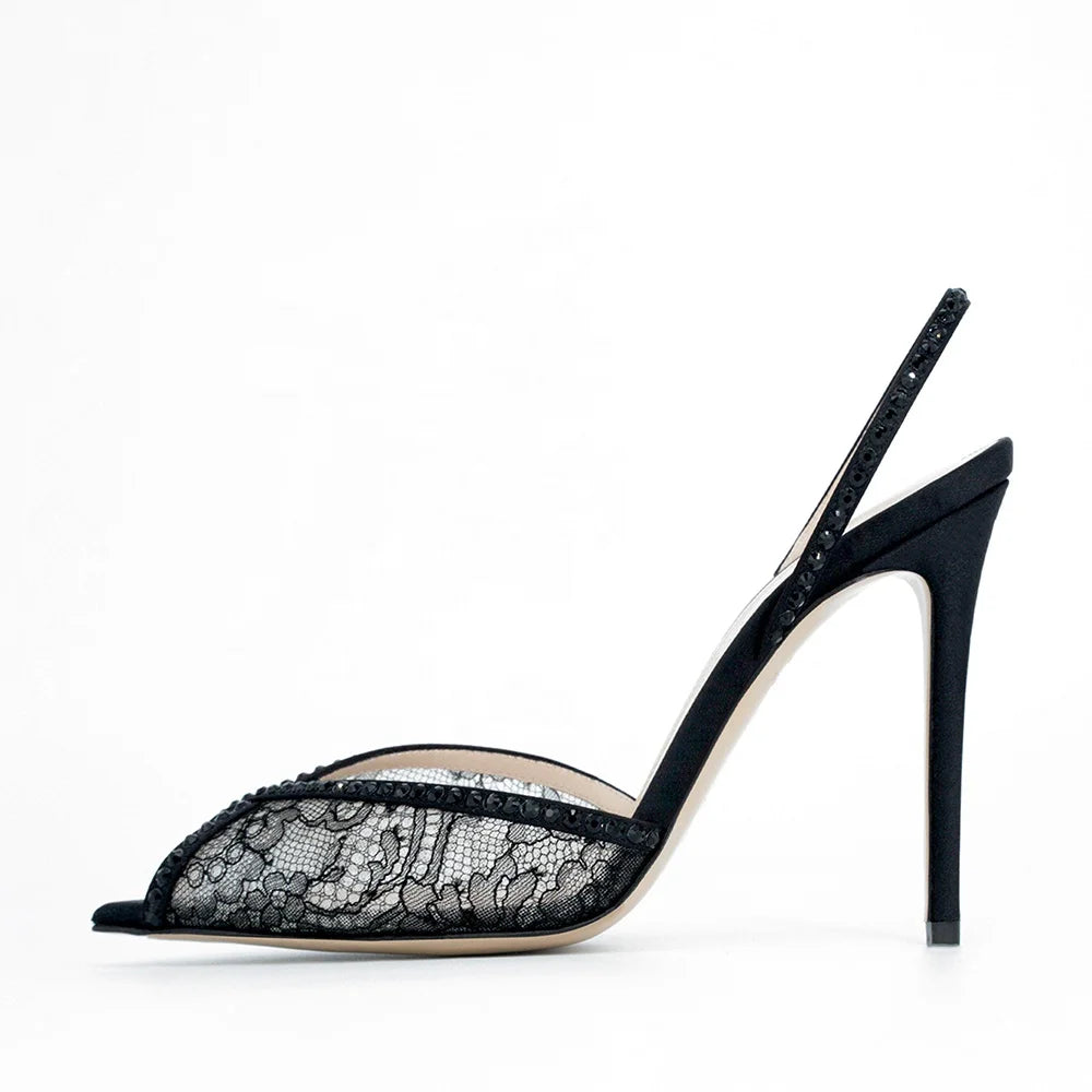 Luxury Shoes Women High Heels Pointy Peep Toe Lace Mesh Stiletto Sharp Heel Slingbacks With Crystals