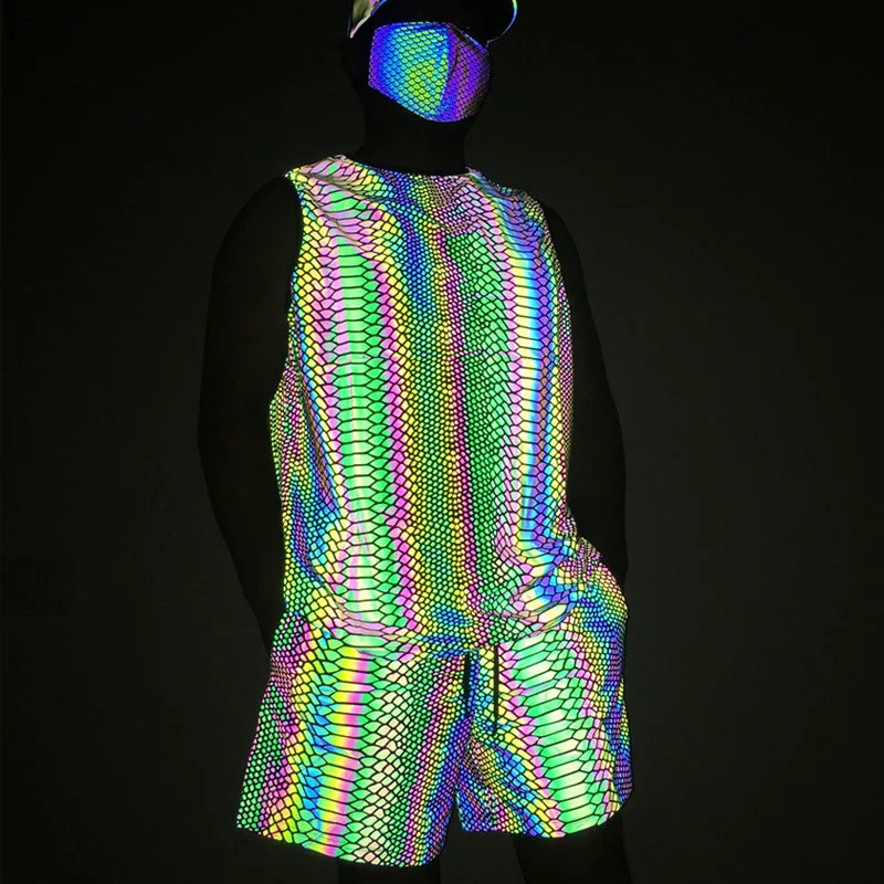 Hi Viz Night Sports Gym Outwork Fitness Snake Skin Pattern Reflective Overalls Shorts Sleeveless Vest Outfits Club Fashion Wear