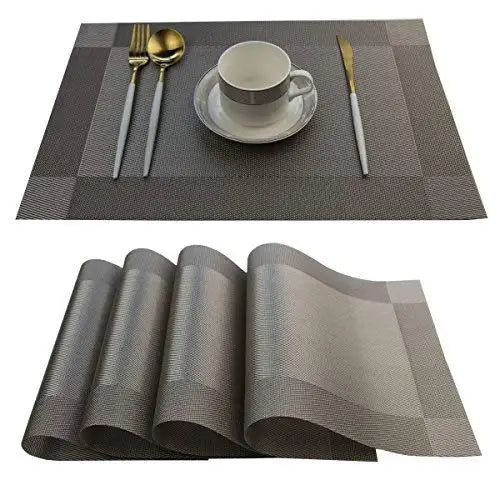 Easy to Clean Heat Insulation Stain-Resistant Woven Vinyl Table Mats PVC Placemat (gold/siliver)