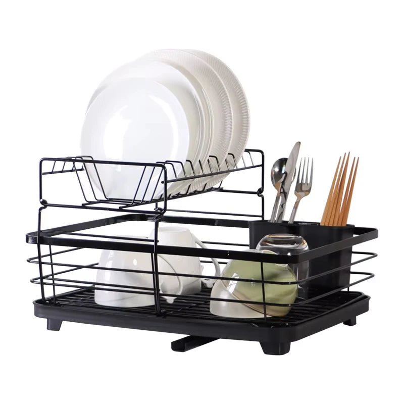 Kitchen Storage Rack Tableware Storage Drainage Rack Countertop Arrangement Double Layer Dish Metal Storage Rack