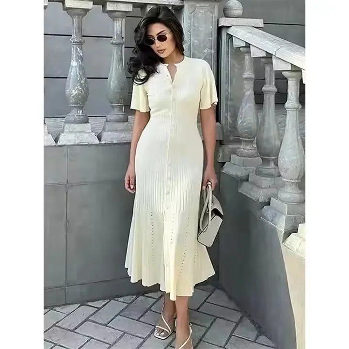 New Lady Commuting Robe Women Fashion Solid Single Breasted Short Sleeved Slim Dresses Elegant Knitted Hollow Out Maxi Dress