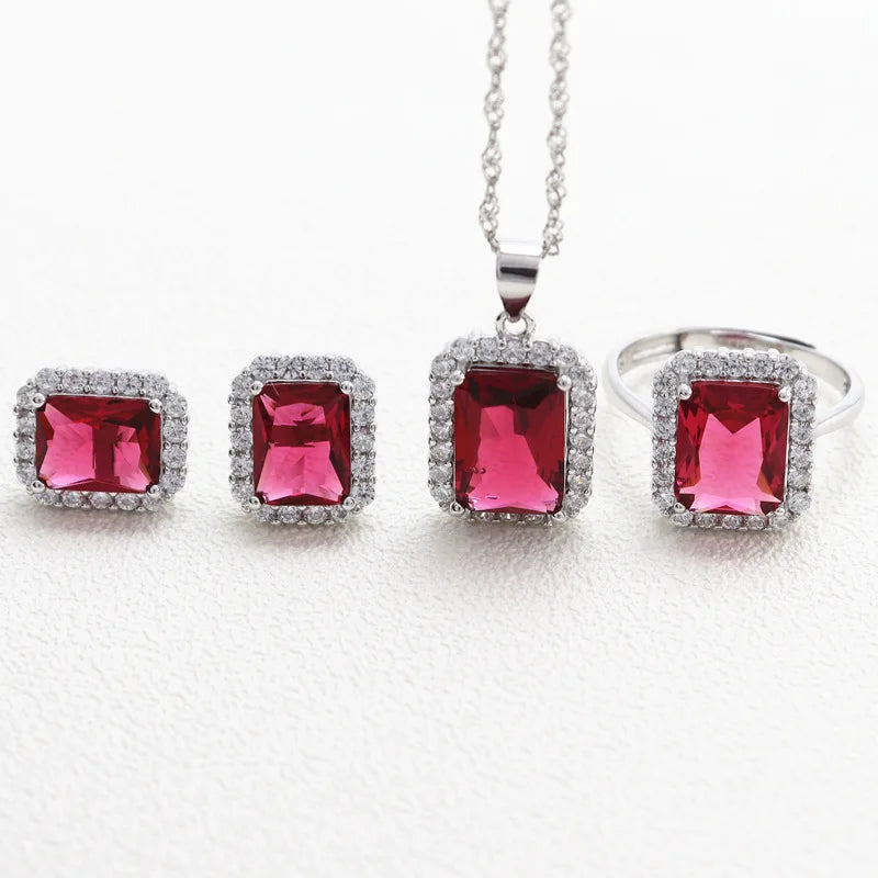 Sterling Silver 925 Wedding Stud Earrings Ring Necklace Inlaid Tourmaline Gem Jewelry Nigerian Wedding Jewelry Set Flowers