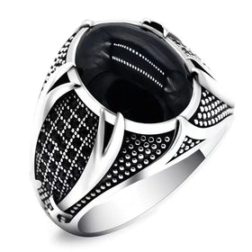 Hot Sale Punk Islamic Rings Trendy Religious Muslim Jewelry Vintage Turkish Double Swords Black Stone Ring for Men