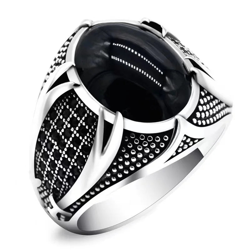 Hot Sale Punk Islamic Rings Trendy Religious Muslim Jewelry Vintage Turkish Double Swords Black Stone Ring for Men