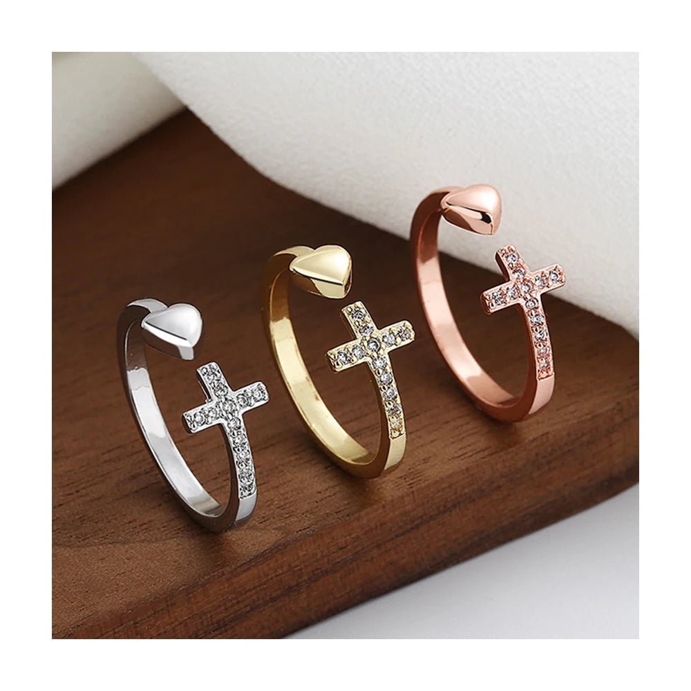 Adjustable Copper Cross Rings Rose Gold Plated CZ Stackable Open Ring for Women and Men Sideways Christian Religious Symbol