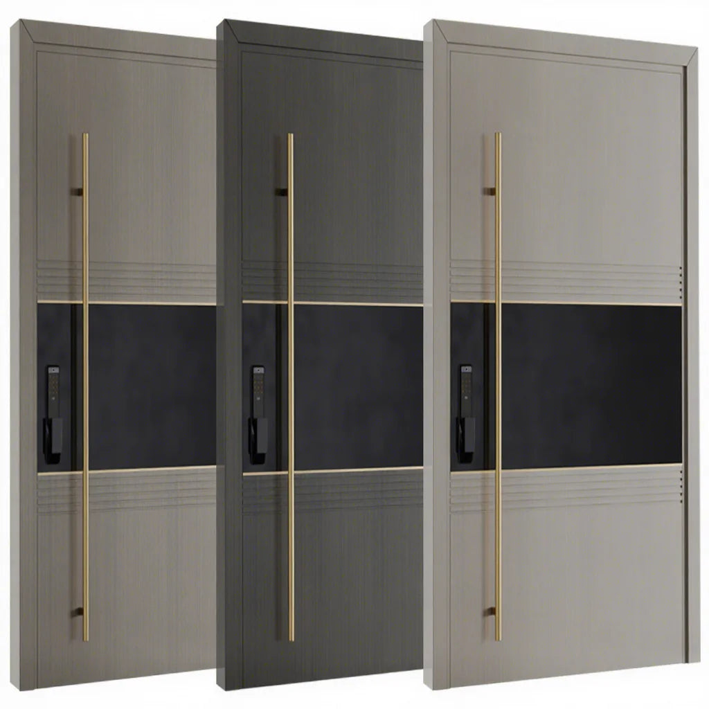 Yohome Luxurious Design High Gloss Metal Panel Inlay Solid Core Pivot Swing Door Timber Pivot Door White Oak Pivot Door