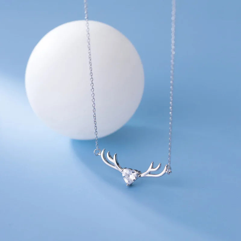 Wholesale Animal Shaped Heart Zircon Pendant Necklaces With Deer Antler Shape 925 Silver Fine Jewelry for Women