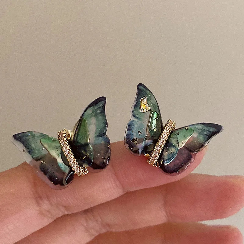 French Retro Butterfly Zircon Stud Earrings for Birthday Gift Hot Selling Exquisite Acrylic Gold Plated Women Party Earrings