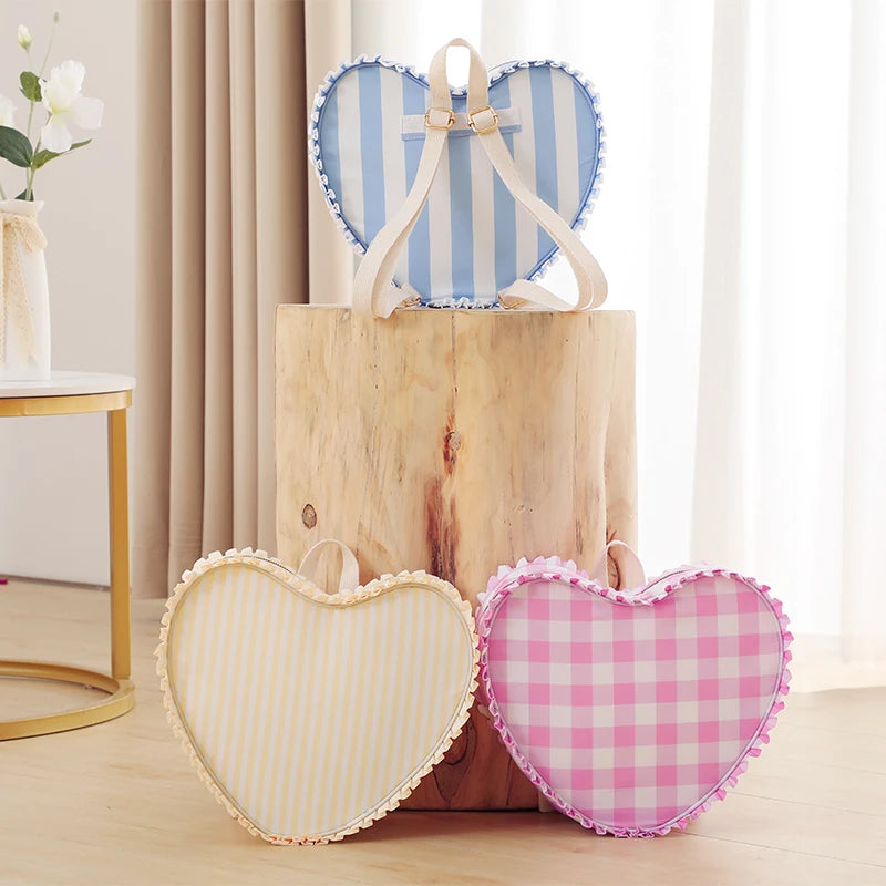 Factory Hot Sale Design Small Girl's Ruffle Heart Pouch Valentine's Day Mini Nylon Heart Backpack for Woman