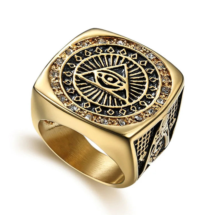 Gold Plated Jewelry 316L Stainless Steel Champion Masonic Angel Devil Eye Ring