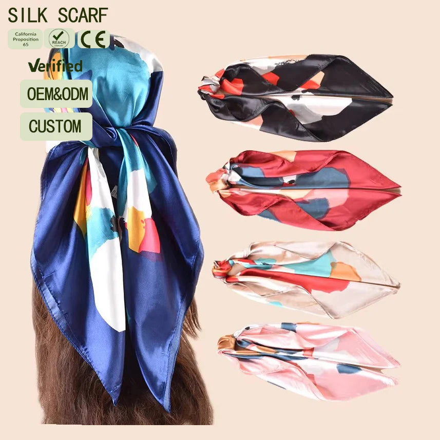 Abstract Dot Art Print Imitation Silk Square Scarf | Custom OEM ODM Shiny Polyester Satin Quick Dry Head Scarf for Women