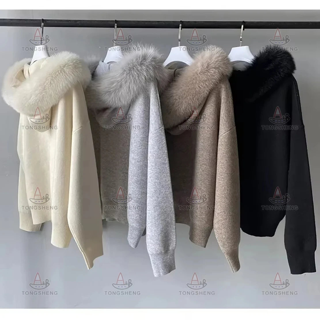 Manufacturer Quality Fur Collar Hooded Pullover Sweater Pants Two Pieces Set Soft Custom Women Wool Hoodie Fur Sweater Set