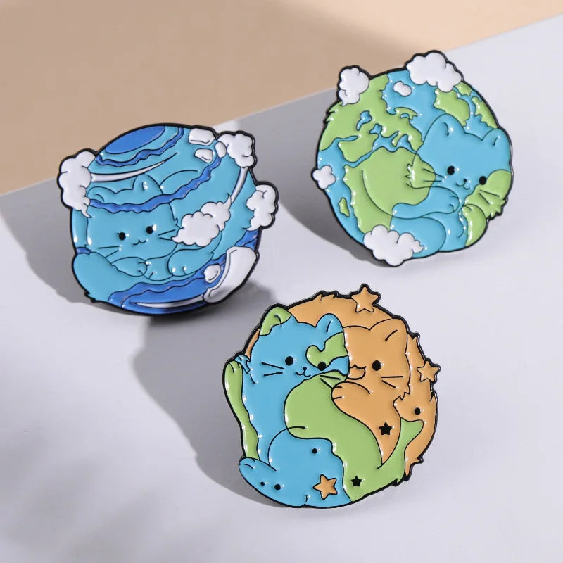 6 Styles Wholesale Cartoon Cute Protection Earth Marine Cat Environmental Protection Metal Soft Enamel Lapel Pin