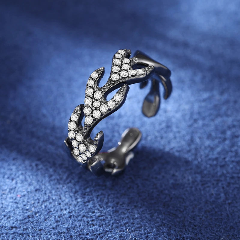 High Quality With Certificate 925 Solid Silver Iced Out Jewelry Black Moissanite Diamond Flame Ring for Men
